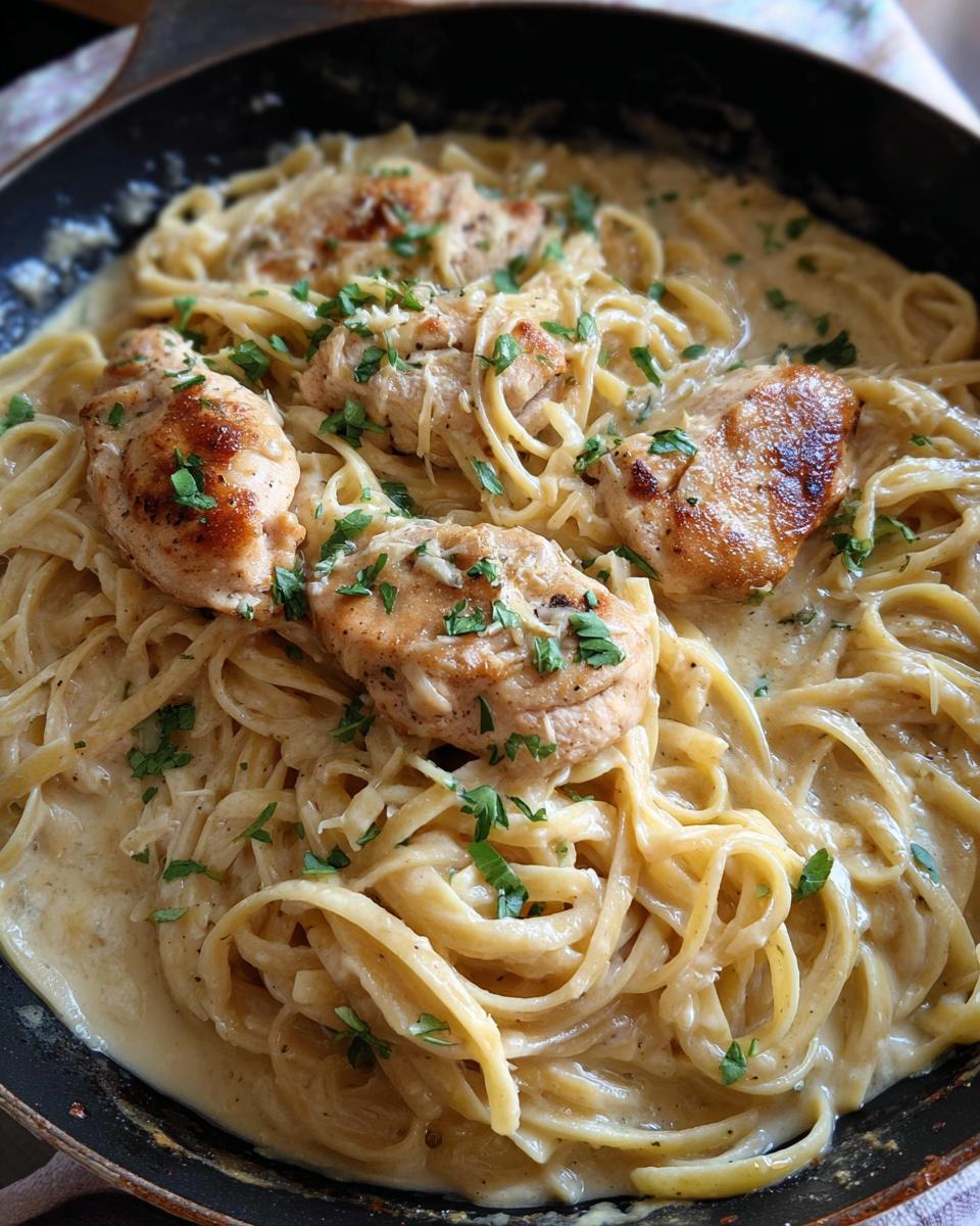 Close-up of creamy garlic parmesan chicken pasta with tender chicken pieces and fresh parsley.