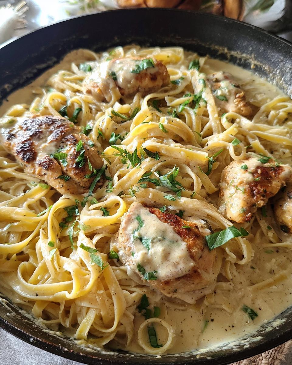 Close-up of creamy garlic parmesan chicken pasta in a skillet, garnished with parsley.