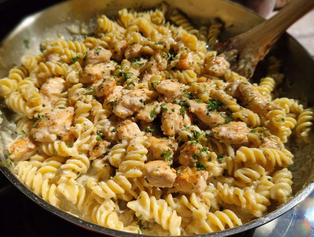 Close-up of creamy garlic parmesan chicken pasta with fusilli noodles and diced chicken in a pan.