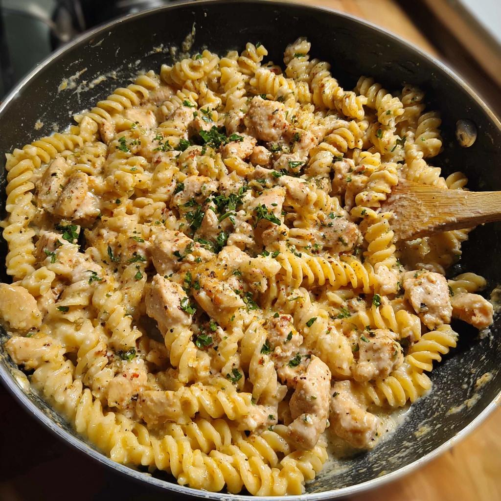 A close-up of creamy garlic parmesan chicken pasta with fusilli noodles and chopped chicken in a black pan, garnished with parsley.