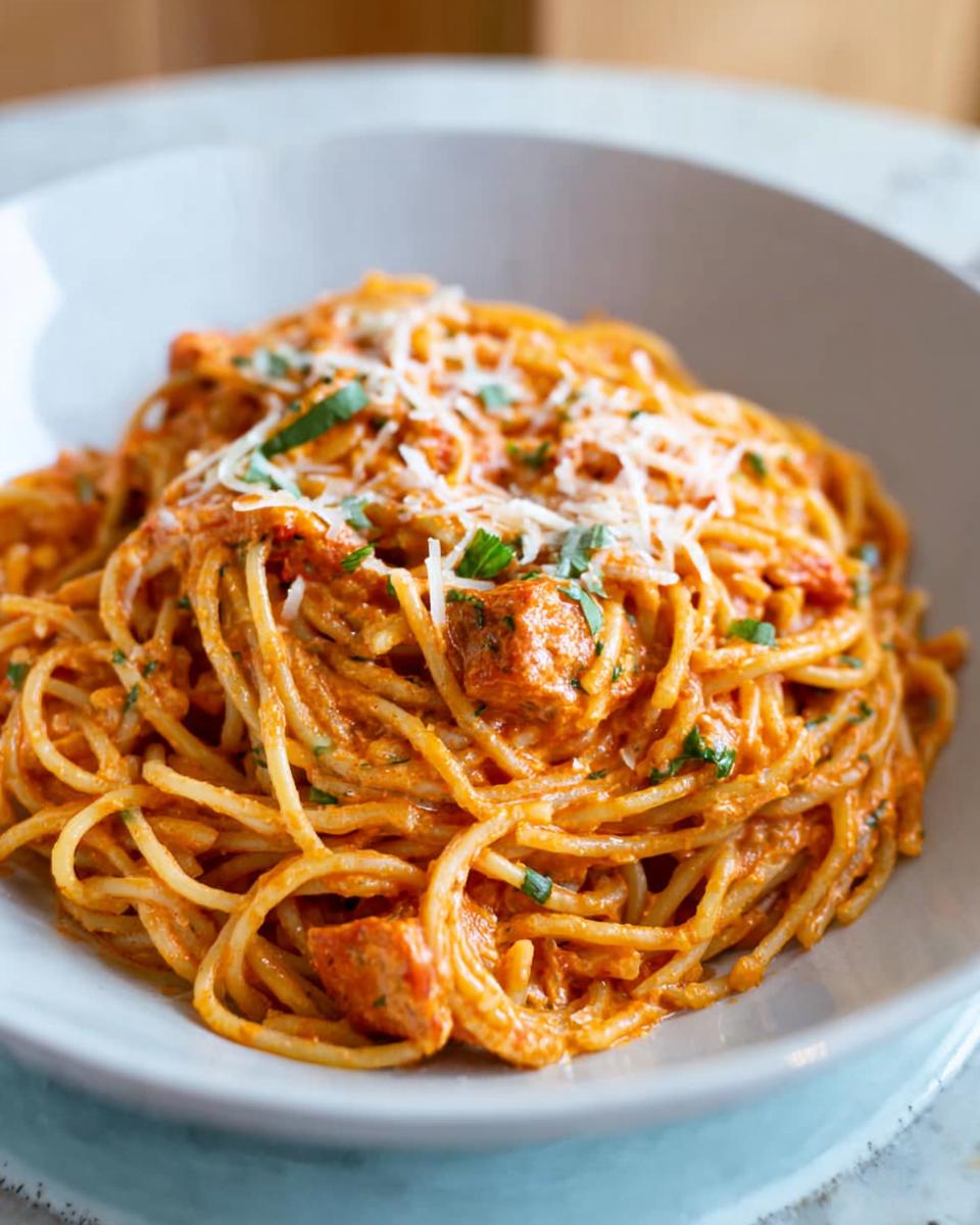 A close-up of creamy tomato basil pasta, garnished with grated cheese and fresh herbs.