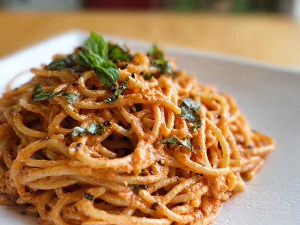Close-up of creamy tomato basil pasta with fresh basil leaves and black pepper.