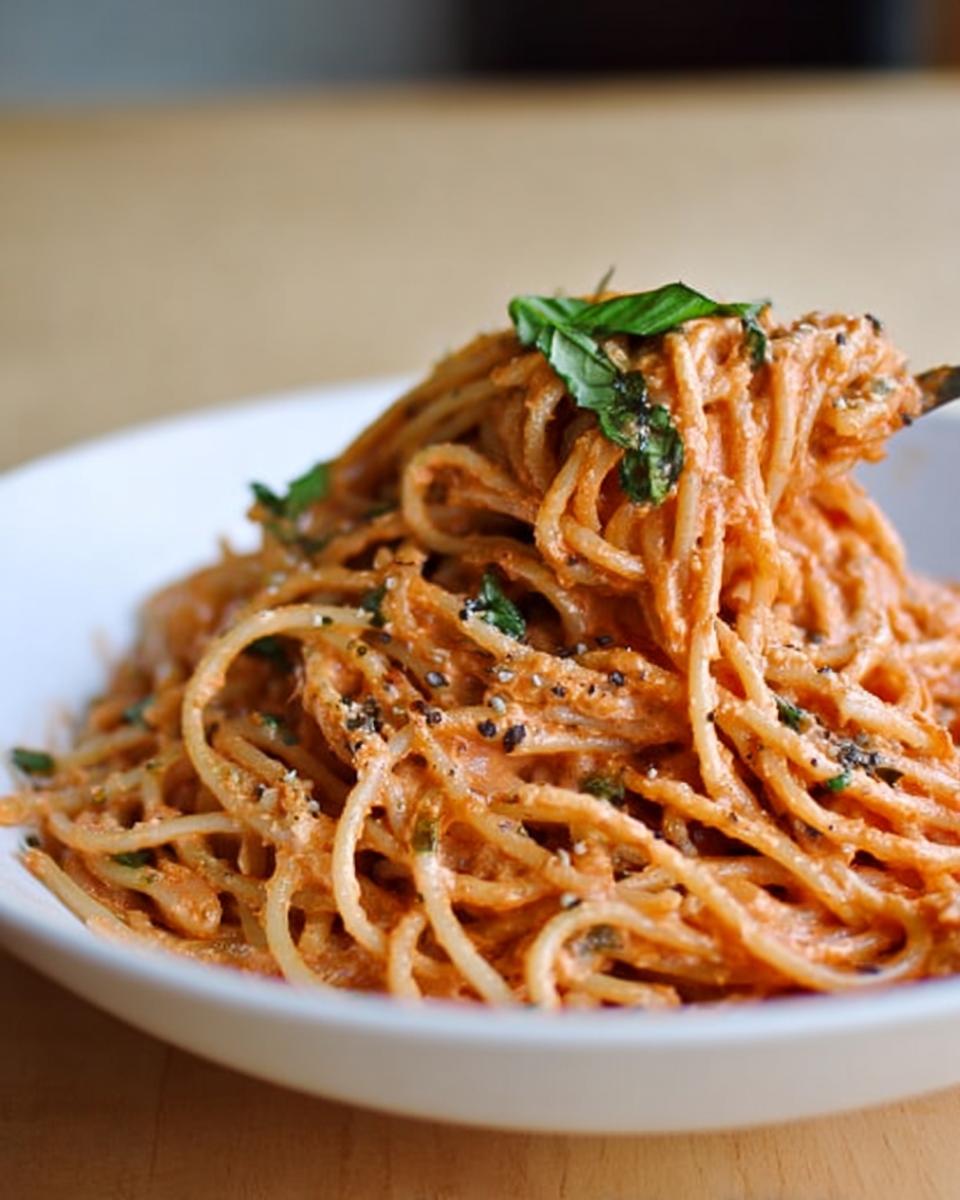 A close-up of creamy tomato basil pasta, garnished with fresh basil leaves and black pepper.