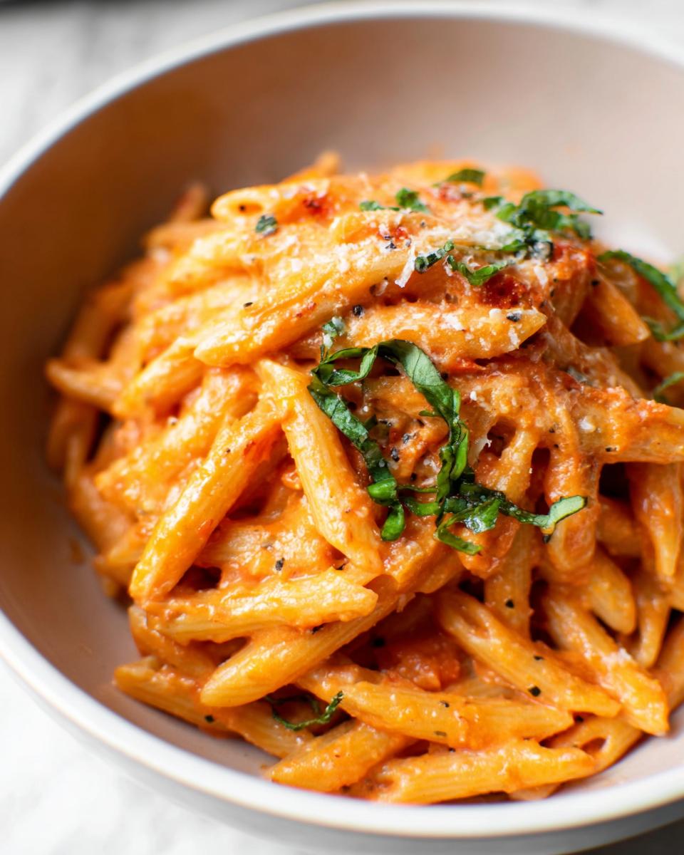 A close-up of creamy tomato basil pasta in a bowl, garnished with fresh basil and Parmesan cheese.