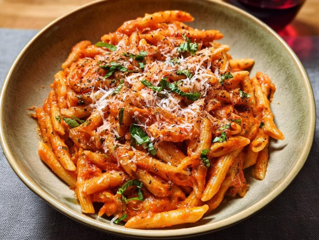 A close-up of creamy tomato basil pasta in a bowl, topped with fresh basil and grated cheese.