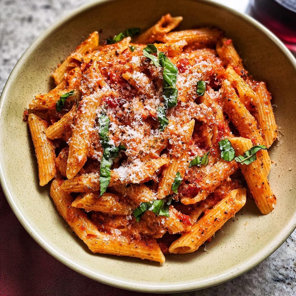 A close-up of a bowl of creamy tomato basil pasta, topped with Parmesan cheese and fresh basil leaves.