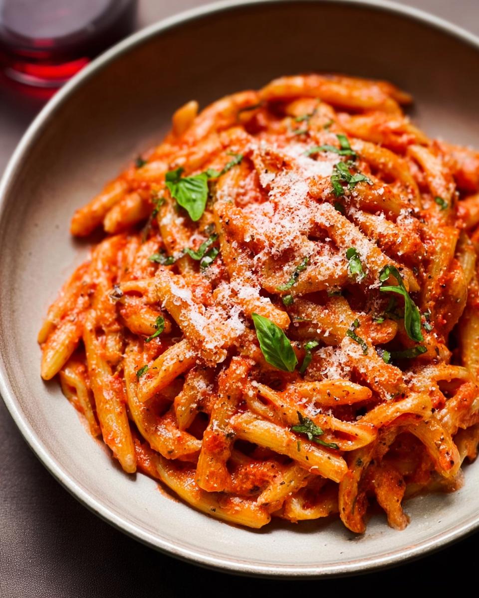 Close-up of a bowl of creamy tomato basil pasta, garnished with fresh basil and grated Parmesan cheese.