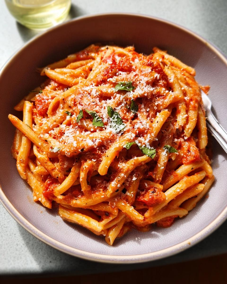 A close-up of a bowl of creamy tomato basil pasta, topped with grated cheese and fresh basil.