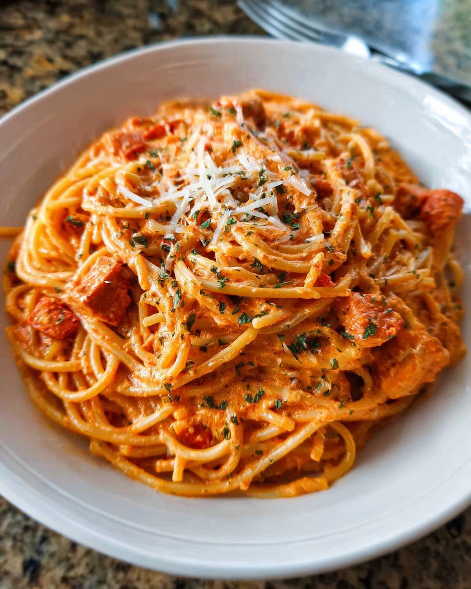 A close-up of a white bowl filled with creamy tomato basil pasta, topped with shredded cheese and parsley.