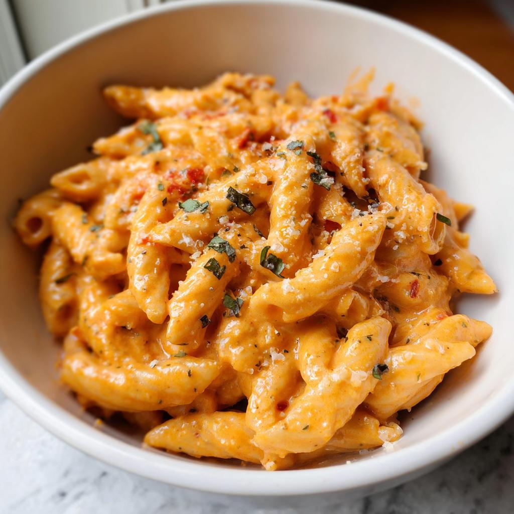 A bowl of creamy tomato basil pasta, garnished with fresh basil and grated cheese.