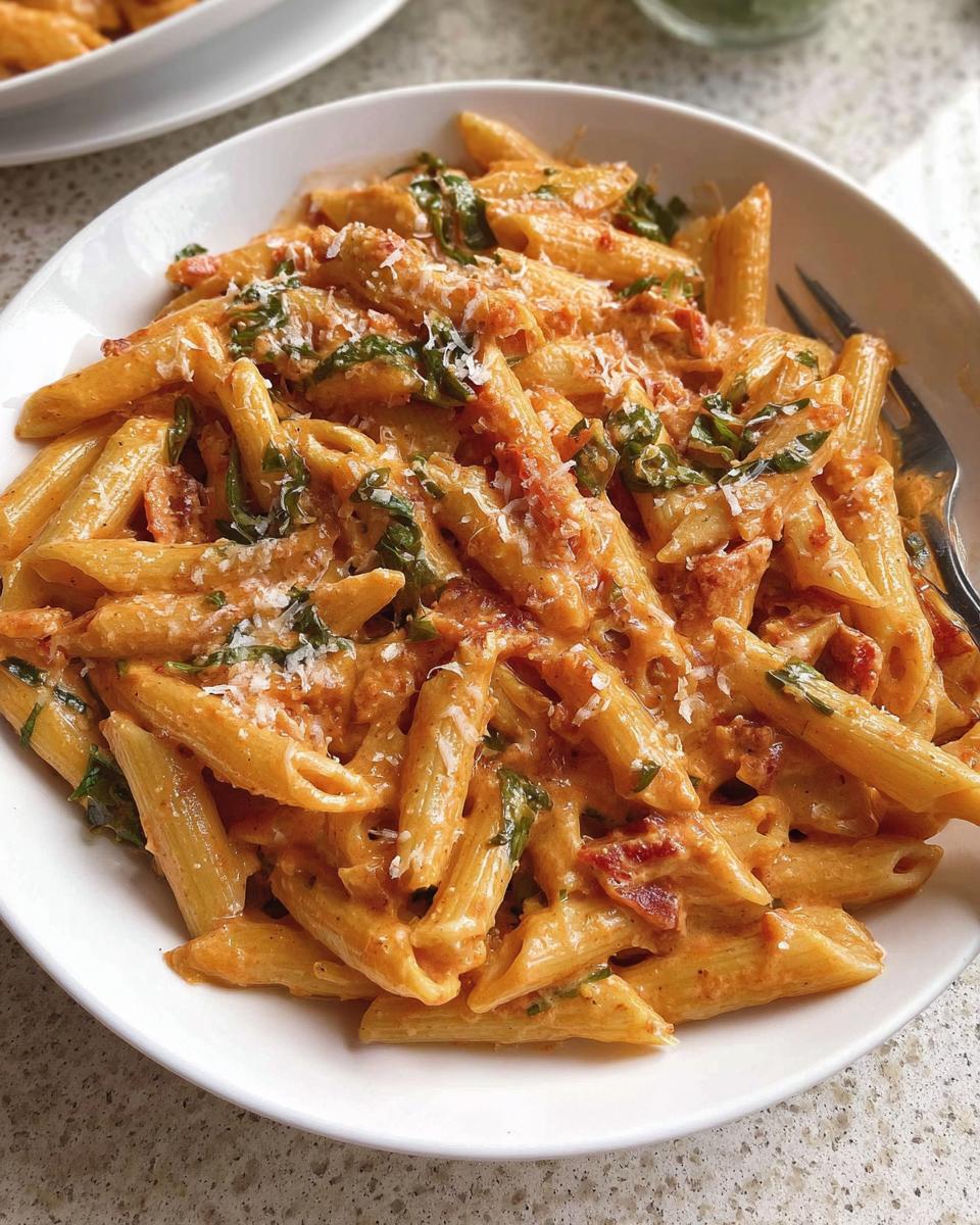 A close-up of a white bowl filled with creamy tomato basil pasta, topped with grated cheese and fresh basil.