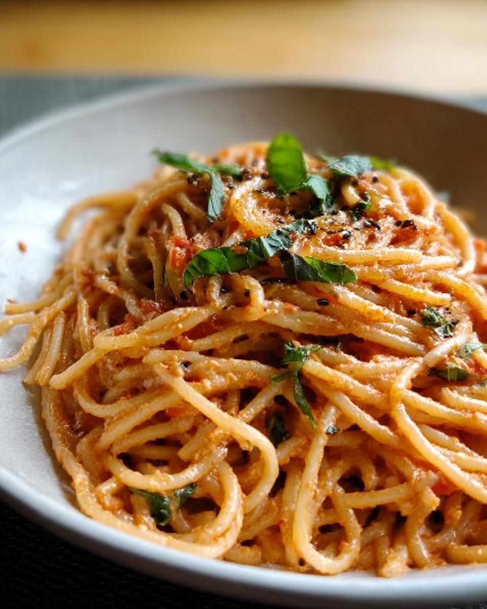 Close-up of creamy tomato basil pasta, garnished with fresh basil leaves and black sesame seeds.