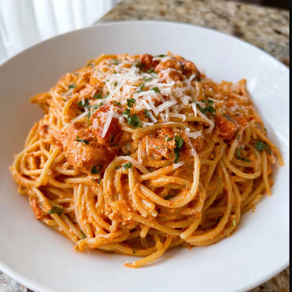 A close-up of creamy tomato basil pasta, topped with grated parmesan cheese and fresh parsley.