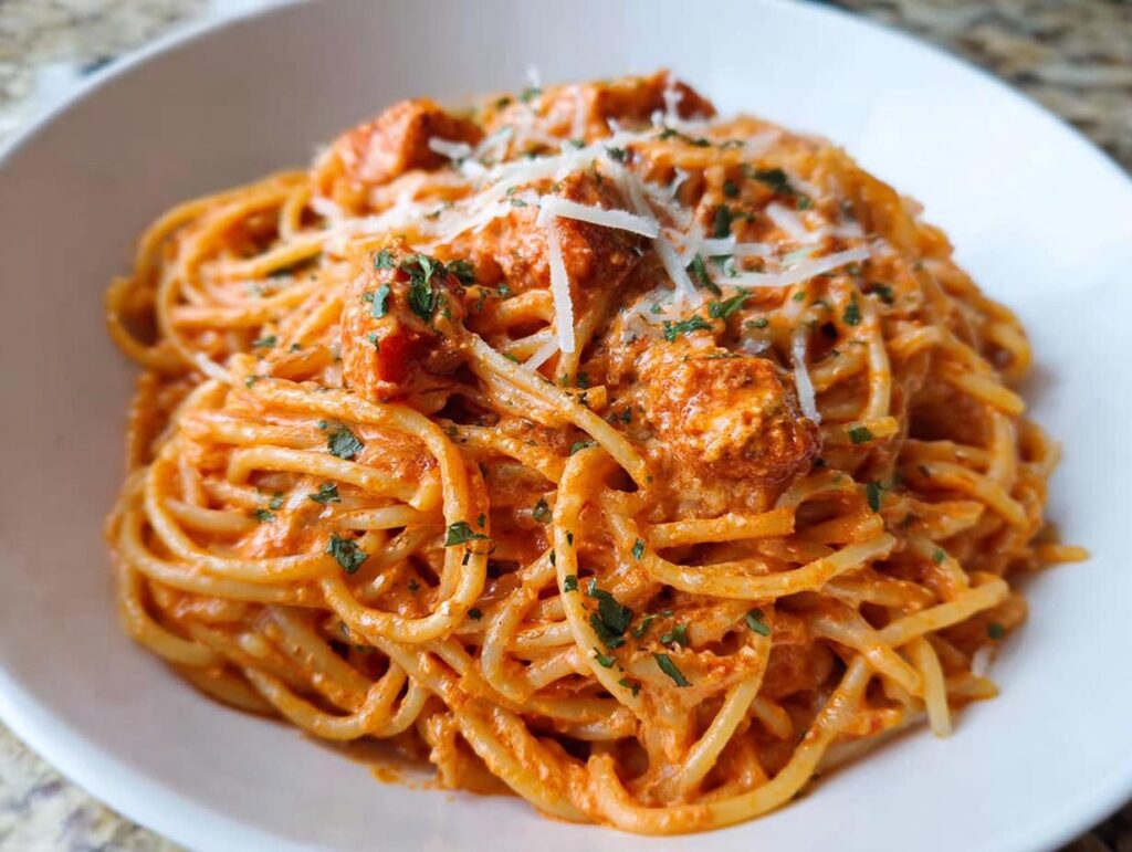 A close-up of a bowl of spaghetti coated in creamy tomato basil sauce, topped with Parmesan cheese and parsley.