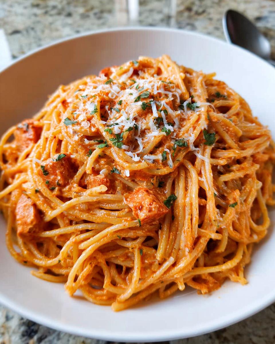 Close-up of a bowl of creamy tomato basil pasta, topped with grated cheese and fresh herbs.