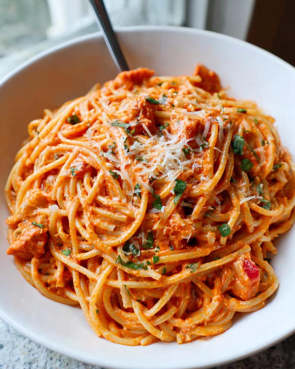 Close-up of a bowl of creamy tomato basil pasta, topped with grated cheese and herbs.
