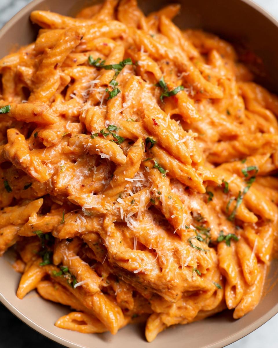 Close-up of creamy tomato basil pasta with penne noodles, garnished with fresh basil and parmesan cheese.