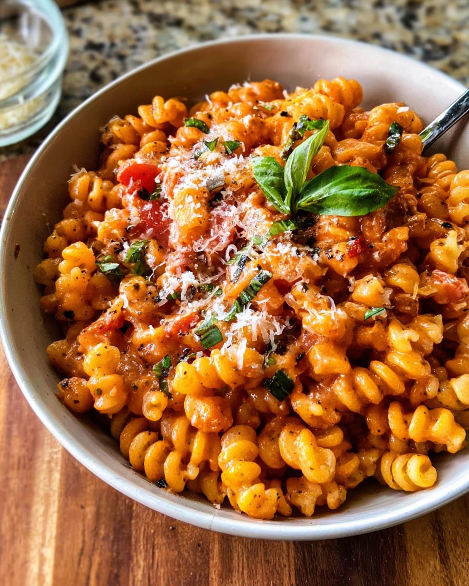 A bowl of creamy tomato basil pasta with fusilli noodles, topped with fresh basil and grated Parmesan cheese.