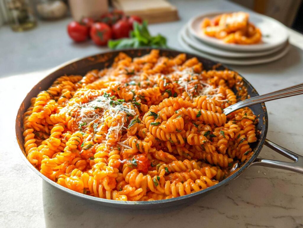 A close-up of creamy tomato basil pasta with fusilli noodles, topped with parmesan cheese and fresh herbs.