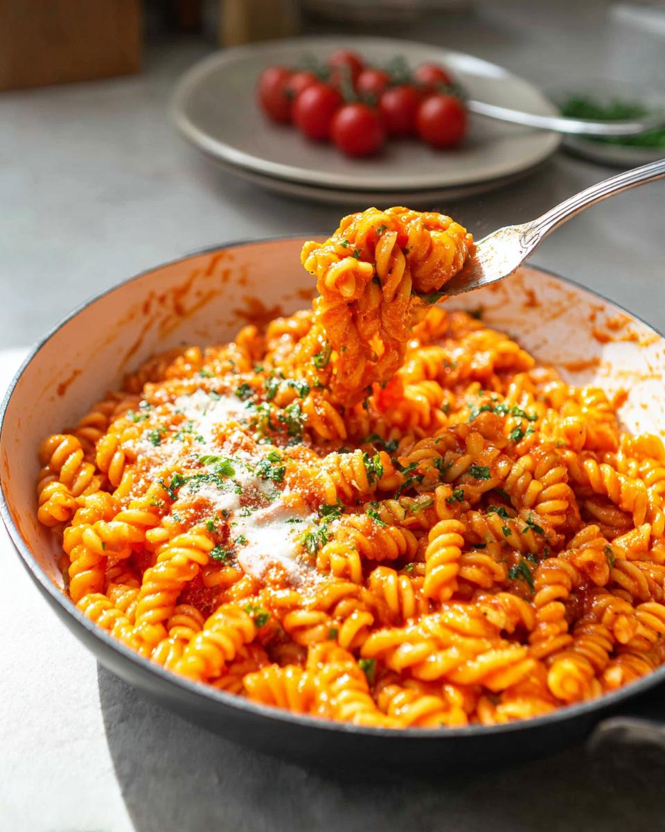 A fork lifts a swirl of creamy tomato basil pasta from a skillet, garnished with Parmesan and parsley.