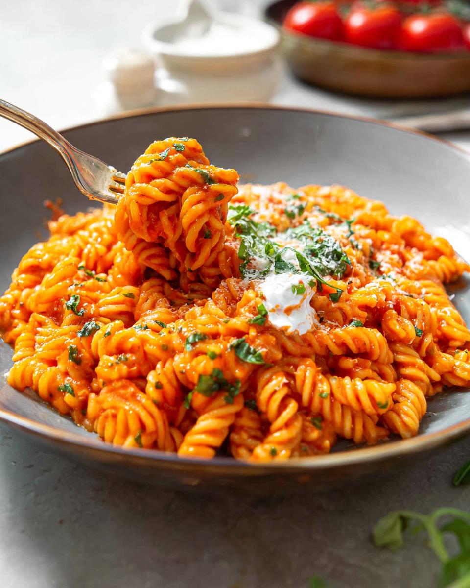 A fork lifting a swirl of creamy tomato basil pasta with fusilli, garnished with fresh herbs and a dollop of cream.