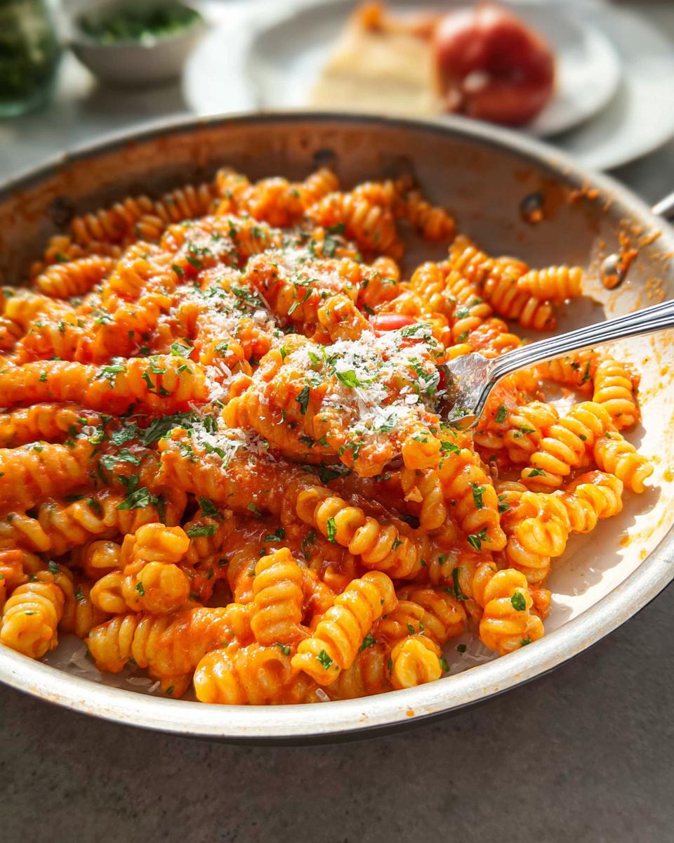 Close-up of creamy tomato basil pasta with fusilli noodles, topped with parmesan and parsley.