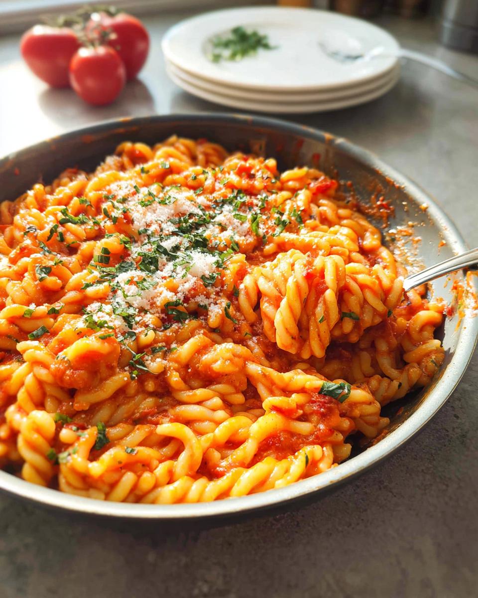 A close-up of creamy tomato basil pasta with fusilli noodles, topped with parmesan and basil.