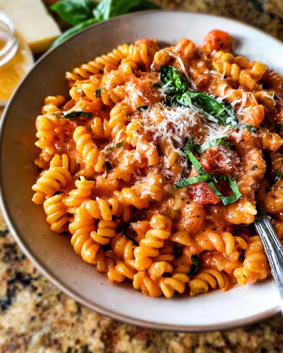 A close-up of creamy tomato basil pasta with fusilli noodles, topped with fresh basil and grated parmesan cheese.