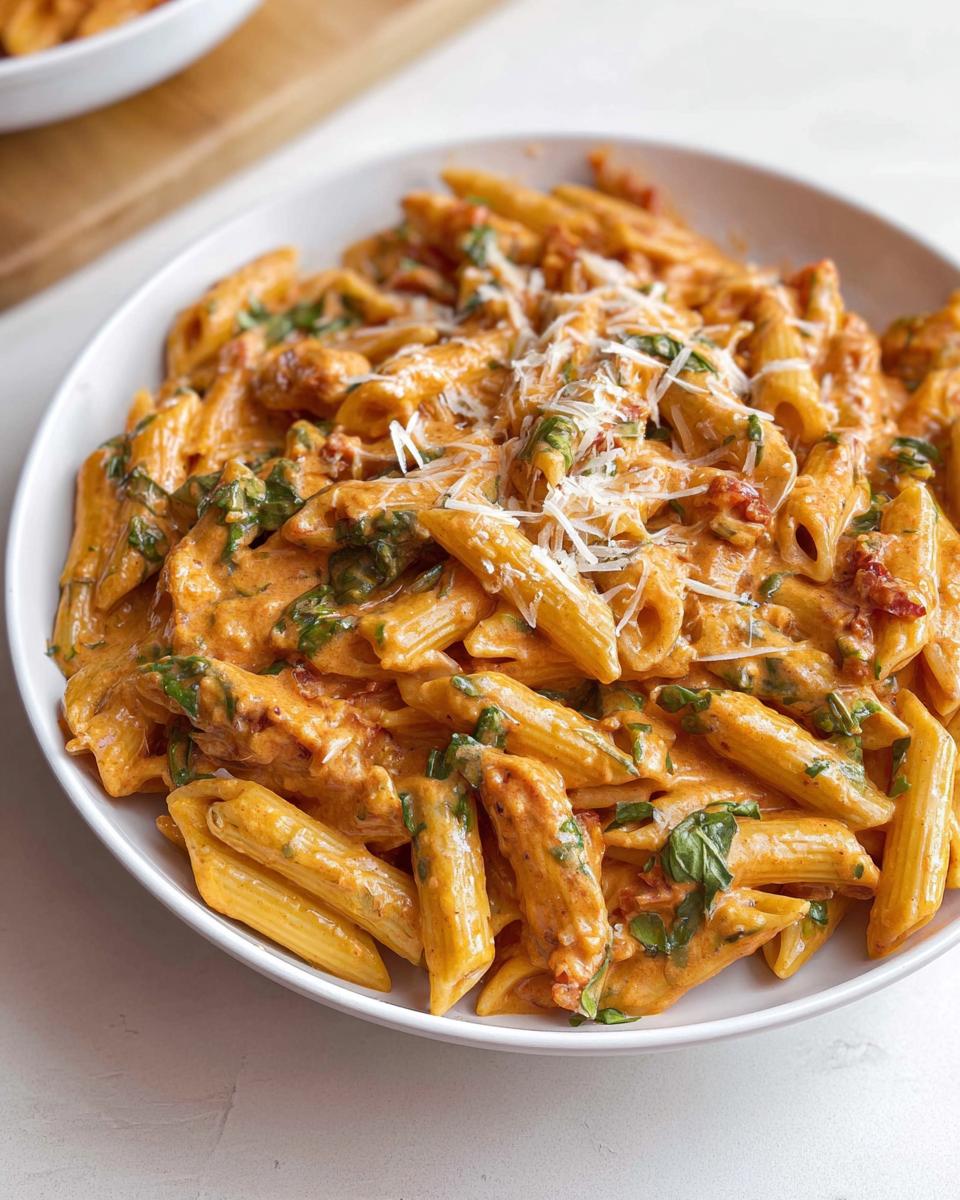 A bowl of creamy tomato basil pasta with penne, fresh basil, and grated parmesan cheese.