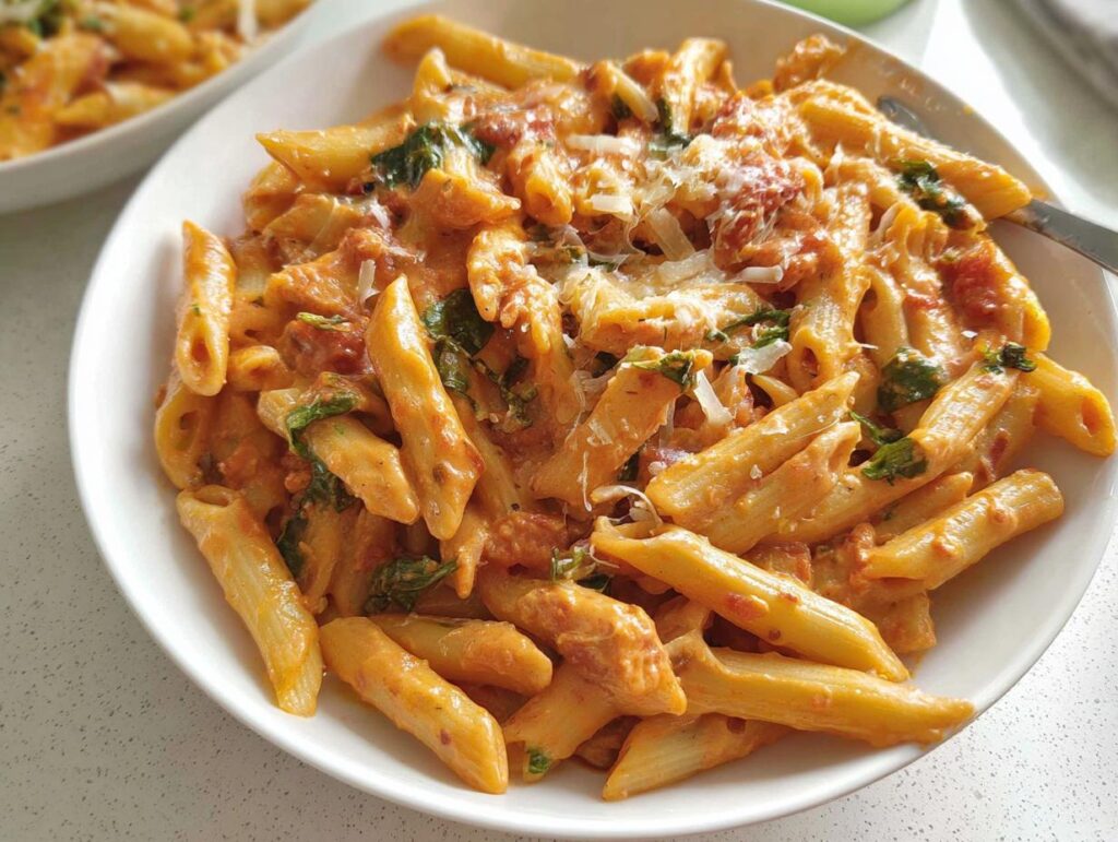A close-up of a bowl of creamy tomato basil pasta with penne, topped with grated cheese and fresh basil.