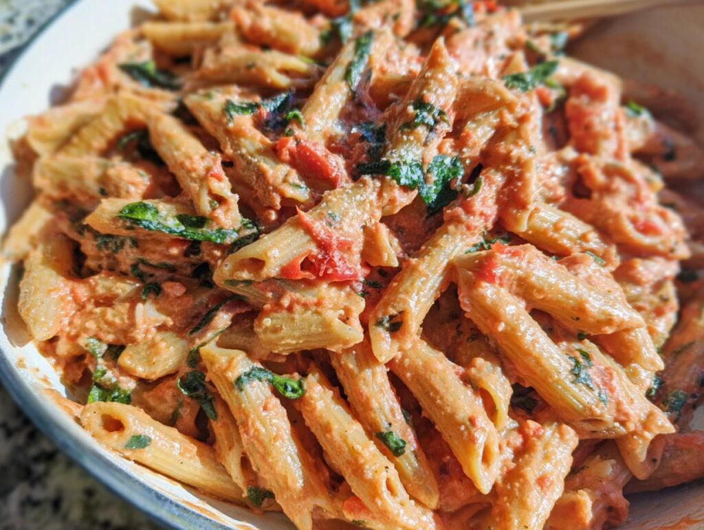 Close-up of creamy tomato basil pasta with penne noodles and fresh basil leaves.