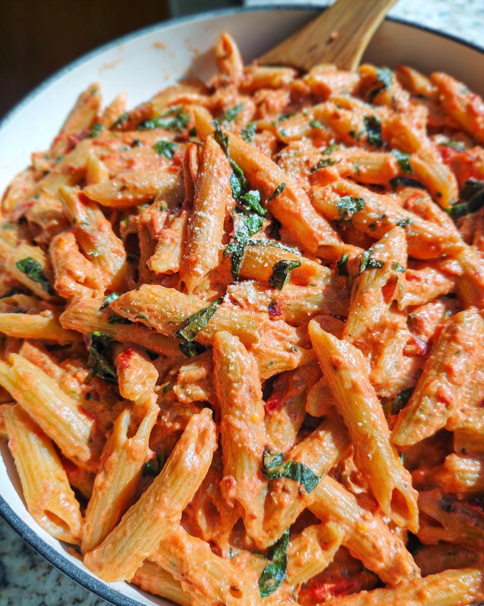 Close-up of creamy tomato basil pasta with penne noodles and fresh basil leaves.