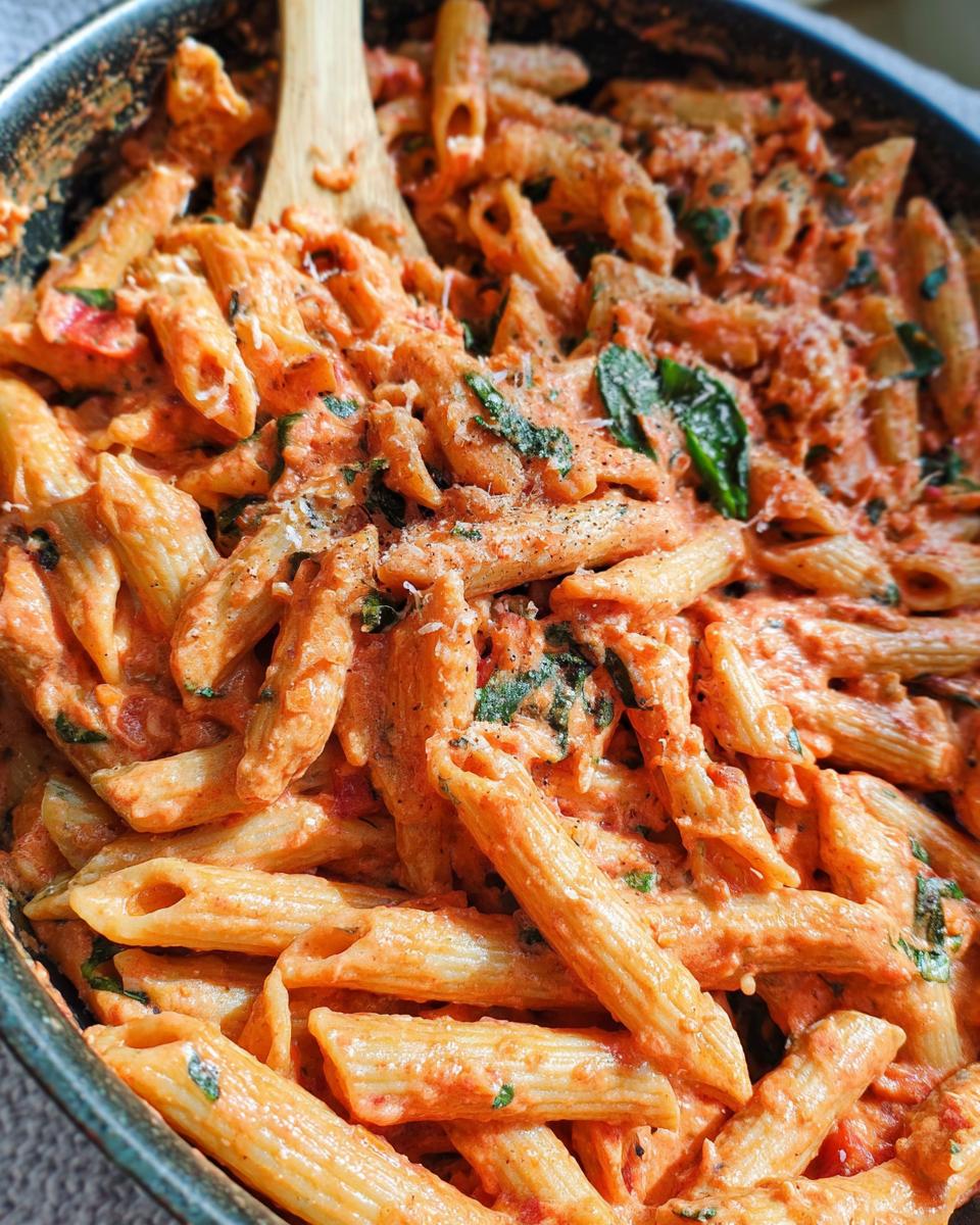 Close-up of creamy tomato basil pasta with penne noodles, fresh basil, and grated cheese.