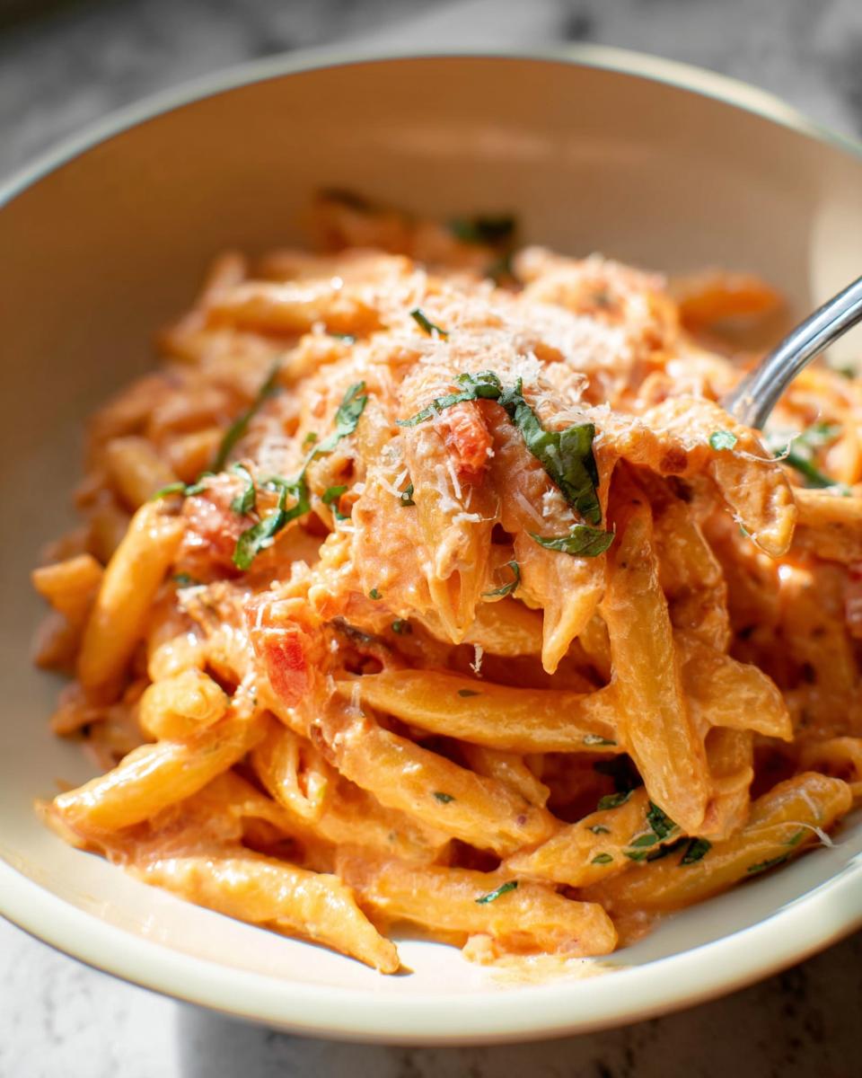 A close-up of creamy tomato basil pasta with penne noodles, topped with fresh basil and grated Parmesan cheese.