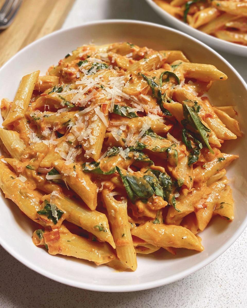 Close-up of creamy tomato basil pasta with penne noodles, fresh basil, and grated Parmesan cheese.