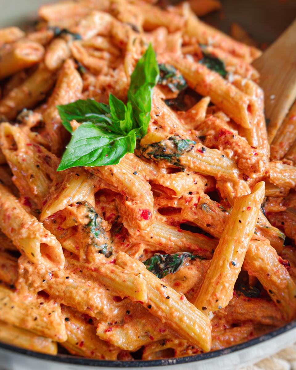 Close-up of creamy tomato basil pasta with penne noodles, fresh basil, and a wooden spoon.