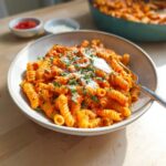 A bowl of creamy tomato basil pasta with fusilli noodles, topped with fresh basil and parmesan cheese.