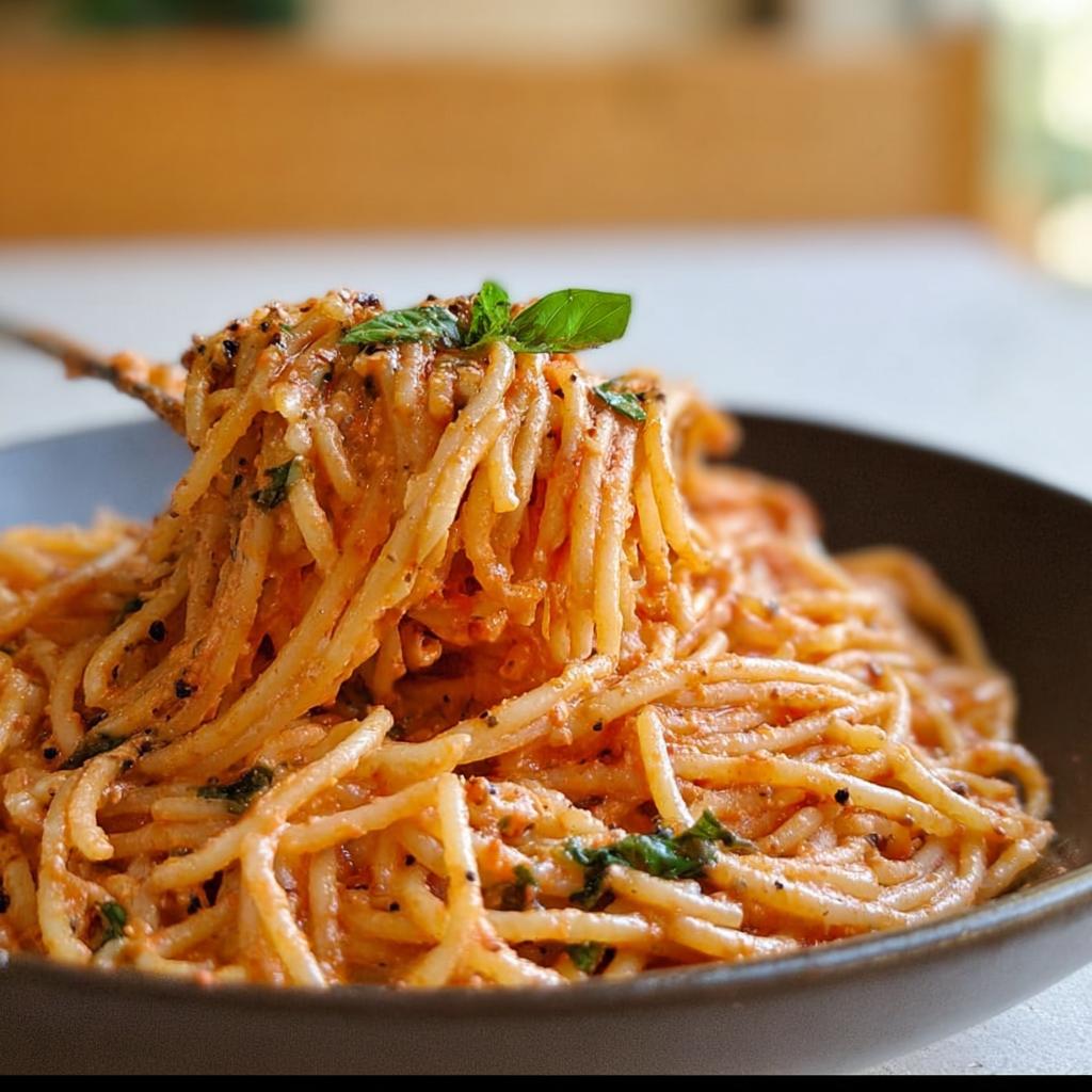 A fork lifting a swirl of creamy tomato basil pasta, garnished with fresh basil leaves.