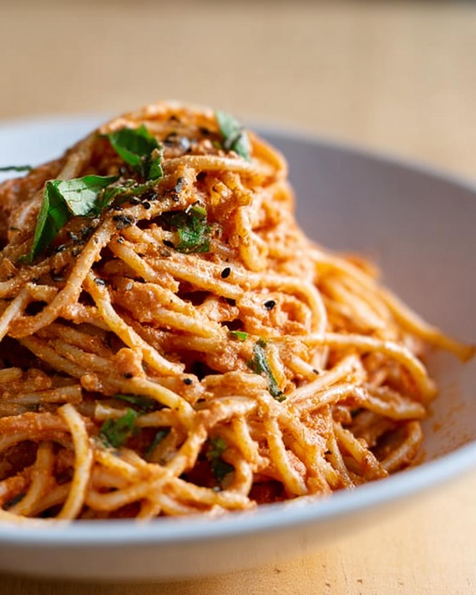 A close-up of creamy tomato basil pasta, garnished with fresh basil leaves and black sesame seeds.