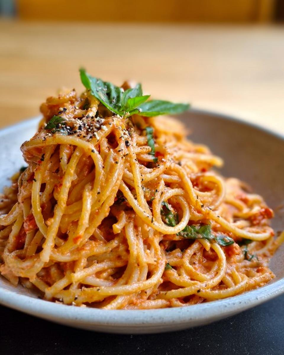 A close-up of creamy tomato basil pasta, garnished with fresh basil leaves and black pepper.