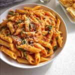 A bowl of creamy tomato basil pasta with penne, topped with grated parmesan cheese and fresh basil.