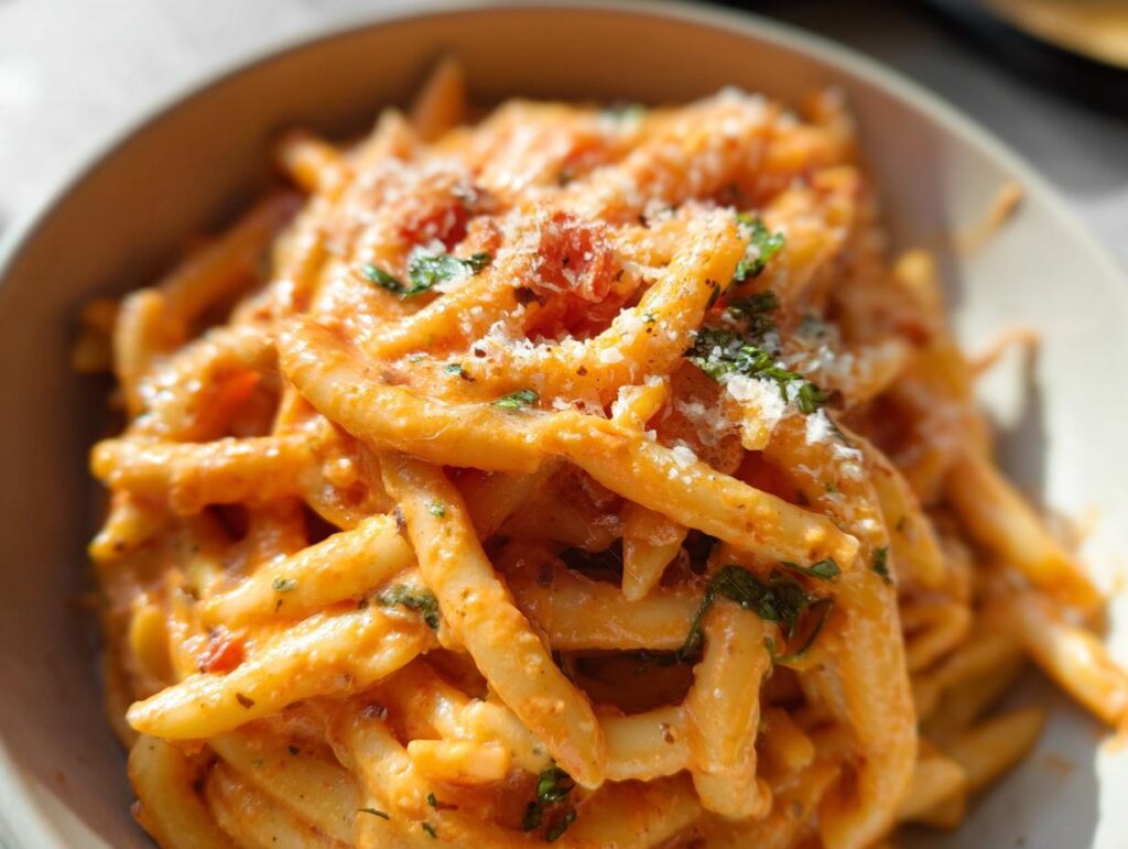 Close-up of creamy tomato basil pasta, topped with parmesan cheese and fresh herbs.