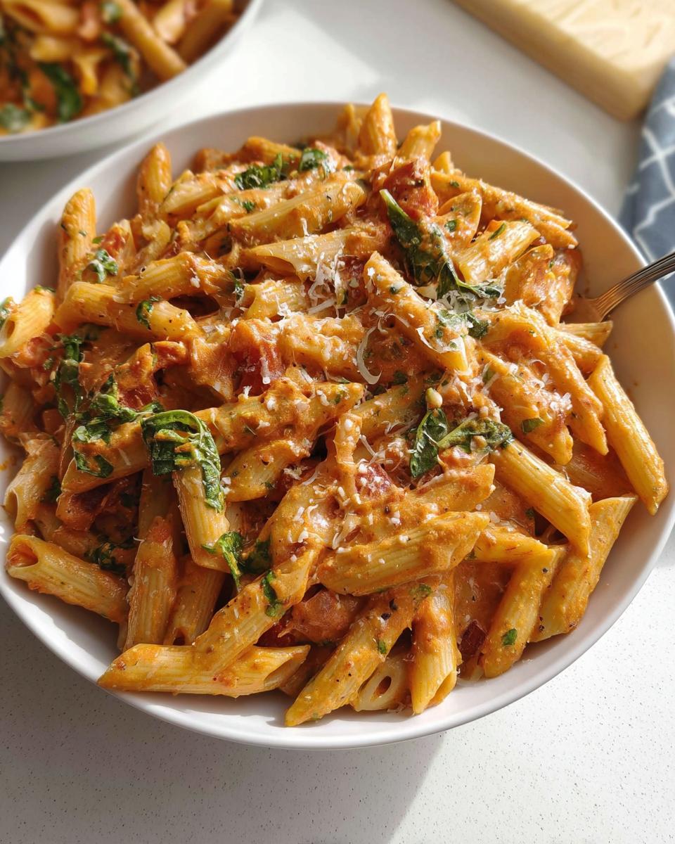 A bowl of creamy tomato basil pasta with penne, garnished with basil and parmesan cheese.