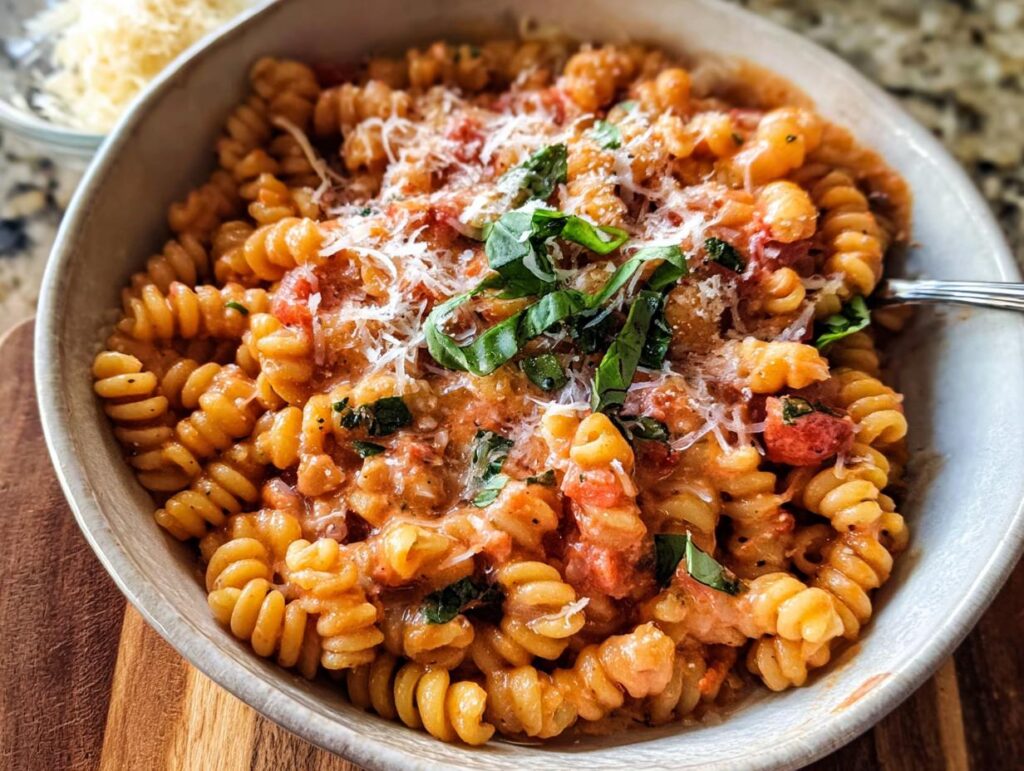 Close-up of creamy tomato basil pasta with fusilli noodles, topped with fresh basil and grated cheese.