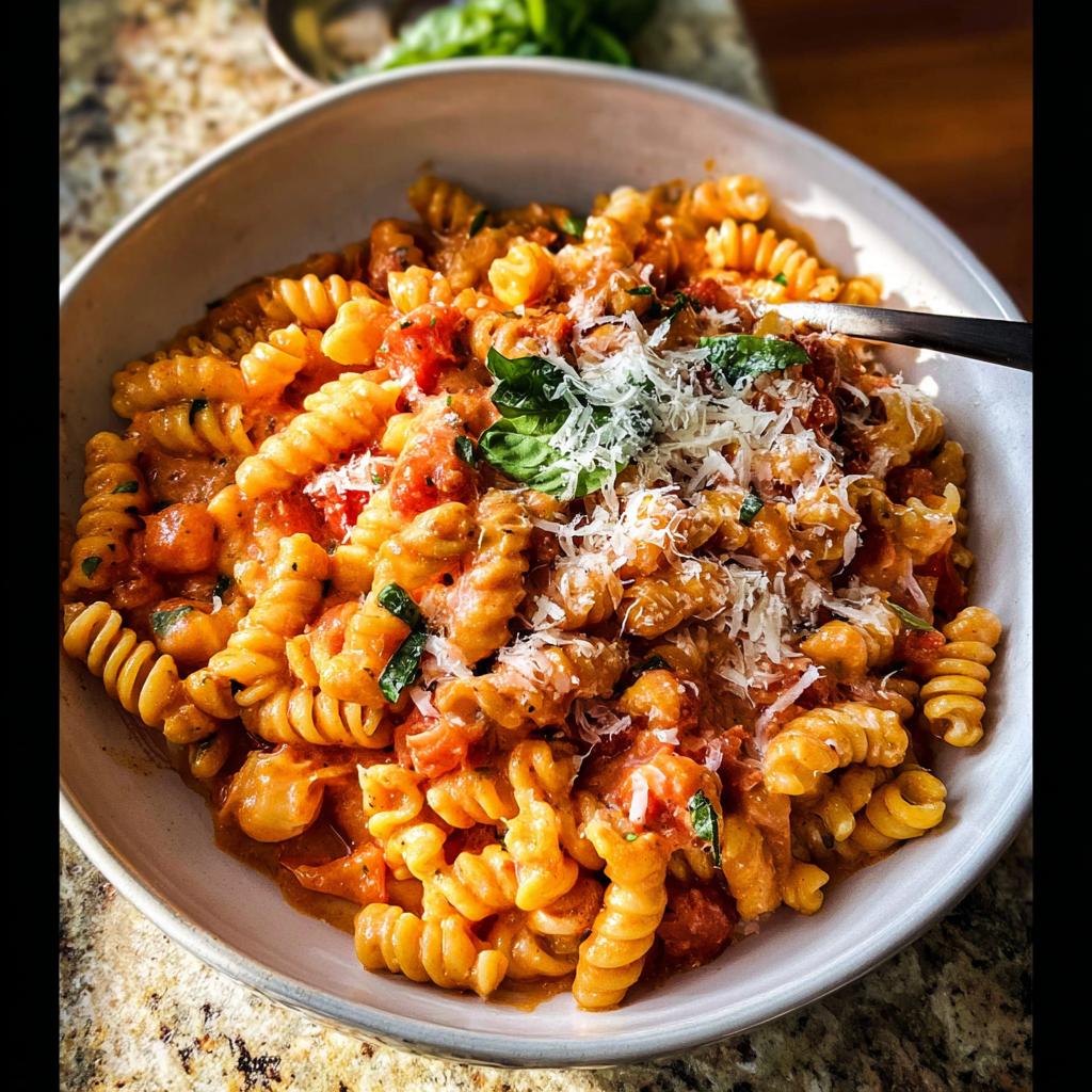 A bowl of creamy tomato basil pasta with fusilli noodles, topped with fresh basil and grated Parmesan cheese.
