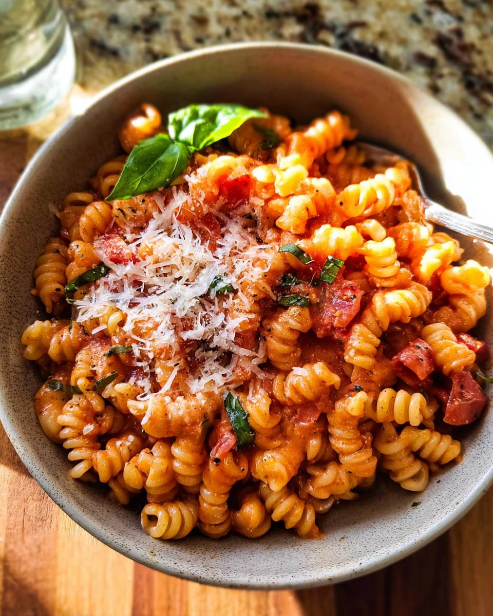 A close-up of creamy tomato basil pasta with fusilli noodles, topped with grated parmesan and fresh basil leaves.