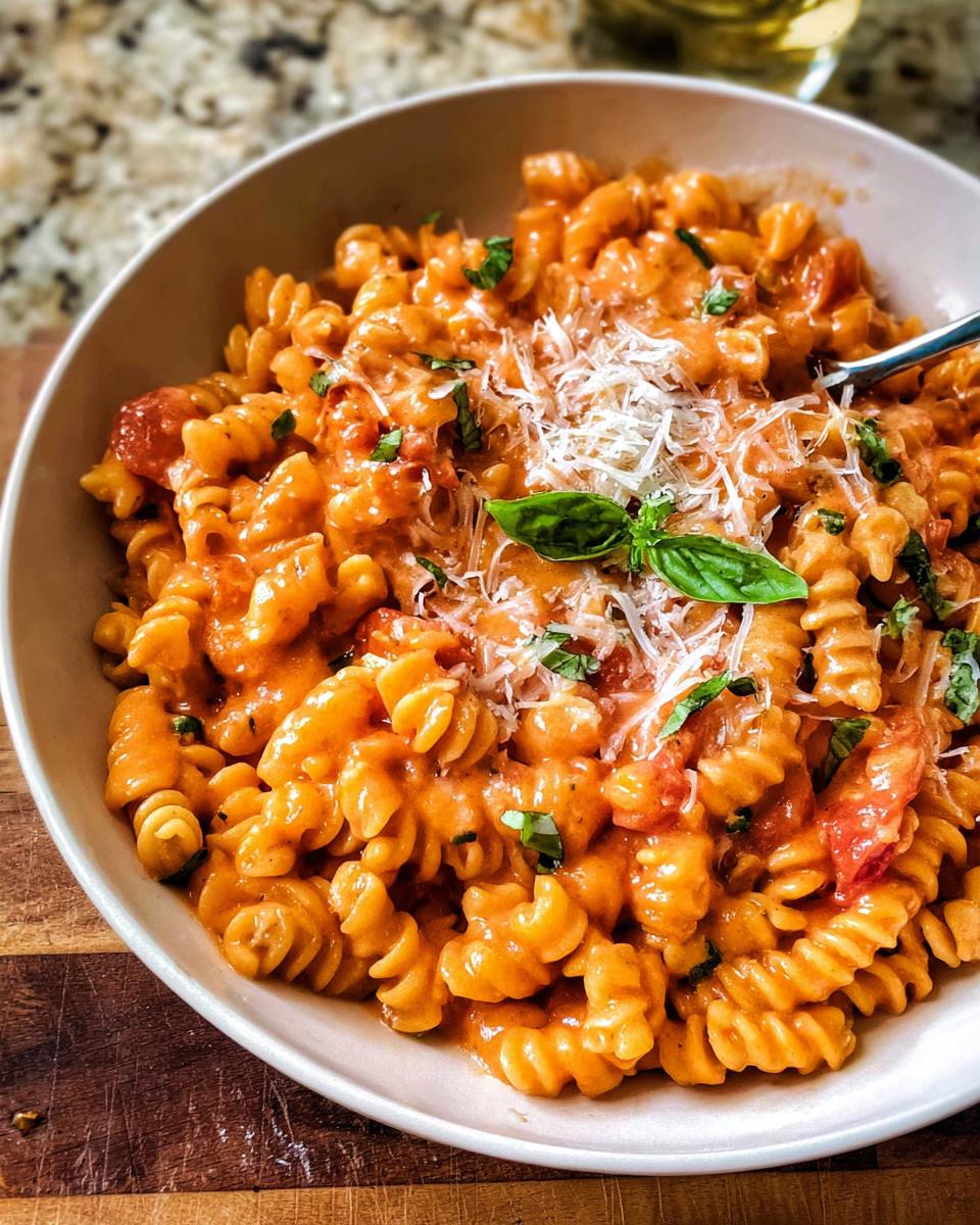 Close-up of creamy tomato basil pasta with fusilli noodles, topped with fresh basil and grated parmesan cheese.