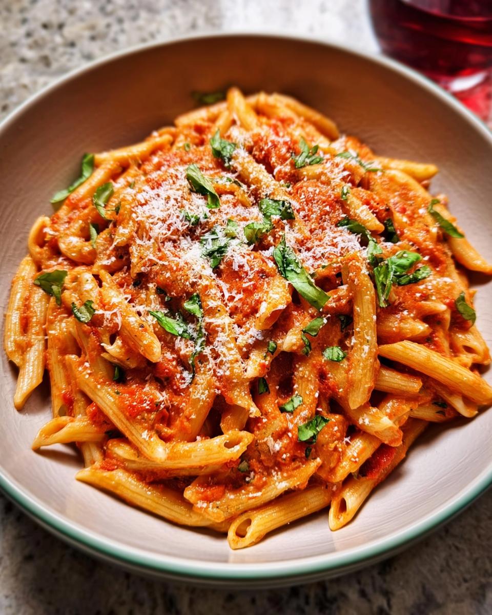 A bowl of creamy tomato basil pasta, topped with grated Parmesan cheese and fresh basil.