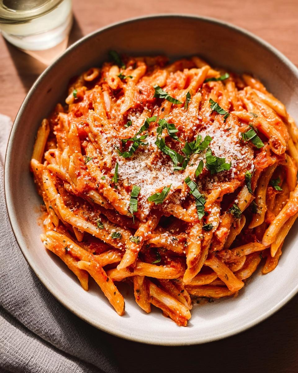 A close-up of creamy tomato basil pasta, topped with grated parmesan and fresh basil.