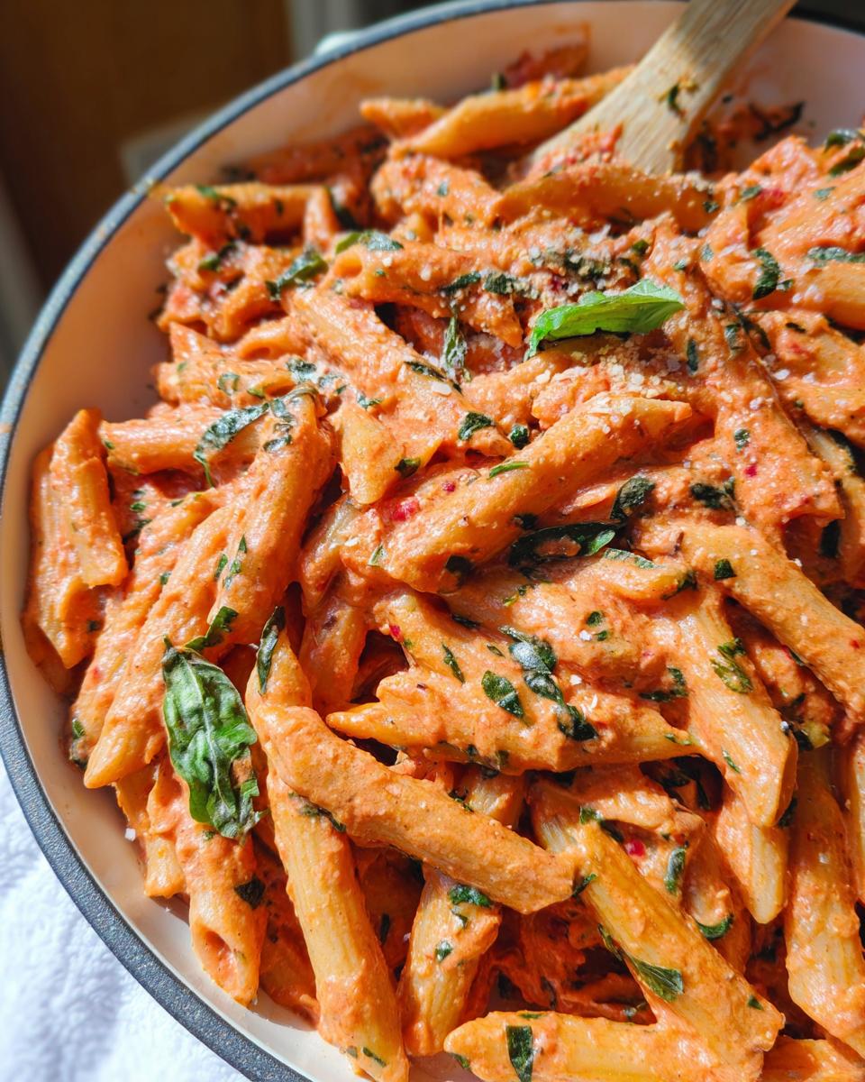 Close-up of creamy tomato basil pasta with penne, fresh basil, and parmesan cheese.